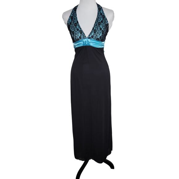Taboo Babydoll Maxi Halter Dress XS Black Lace Turquoise Sheer Whimsigoth HoCo - Picture 1 of 12